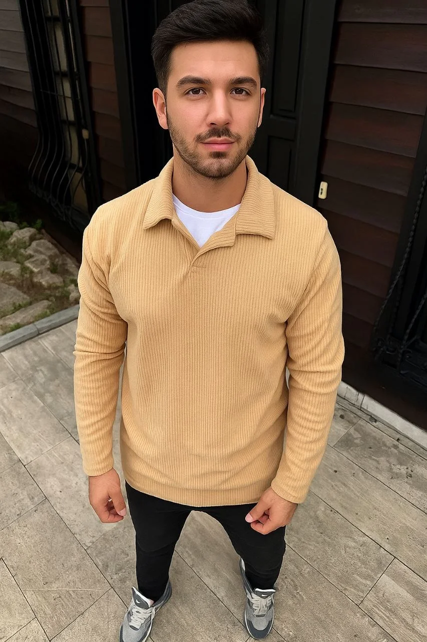 Erkek Fitilli Polar Sweatshirt – Düğmesiz Polo Yaka, Oversize Rahat Kalıp, Kalın Polar Kumaş, Kışlık ve Baharlık Şık Günlük Üst - Bej
