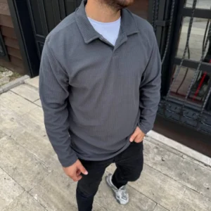 Alternative view of Erkek Fitilli Polar Sweatshirt – Düğmesiz Polo Yaka, Oversize Rahat Kalıp, Kalın Polar Kumaş, Kışlık ve Baharlık Şık Günlük Üst - Füme