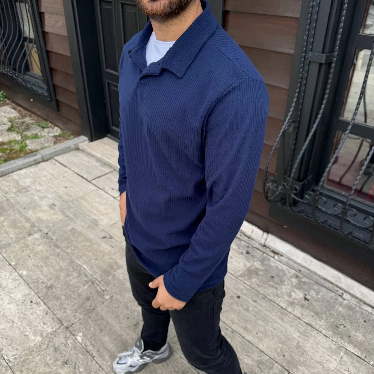 Erkek Fitilli Polar Sweatshirt – Düğmesiz Polo Yaka, Oversize Rahat Kalıp, Kalın Polar Kumaş, Kışlık ve Baharlık Şık Günlük Üst - Lacivert - Görsel 3