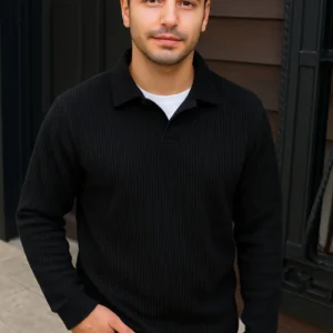 Erkek Fitilli Polar Sweatshirt – Düğmesiz Polo Yaka, Oversize Rahat Kalıp, Kalın Polar Kumaş, Kışlık ve Baharlık Şık Günlük Üst - Siyah