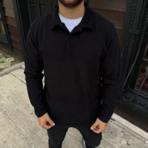 Alternative view of Erkek Fitilli Polar Sweatshirt – Düğmesiz Polo Yaka, Oversize Rahat Kalıp, Kalın Polar Kumaş, Kışlık ve Baharlık Şık Günlük Üst - Siyah