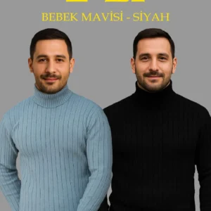 Erkek Fitilli Triko Kazak 2'li Set Bebek Mavisi Siyah Regular Balıkcı Yaka Tam Boğazlı Triko Seti Modeli Kazak