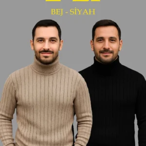 Erkek Fitilli Triko Kazak 2'li Set Bej Siyah Regular Balıkcı Yaka Tam Boğazlı Triko Seti Modeli Kazak