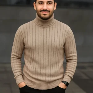 Alternative view of Erkek Fitilli Triko Kazak 2'li Set Bej Siyah Regular Balıkcı Yaka Tam Boğazlı Triko Seti Modeli Kazak