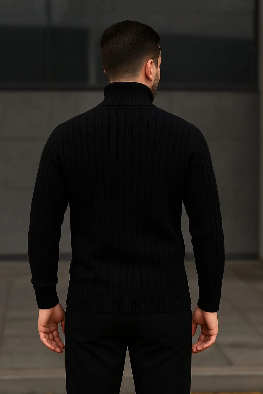 Erkek Fitilli Triko Kazak 2'li Set Beyaz Siyah Regular Balıkcı Yaka Tam Boğazlı Triko Seti Modeli Kazak - Görsel 4