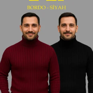 Erkek Fitilli Triko Kazak 2'li Set Bordo Siyah Regular Balıkcı Yaka Tam Boğazlı Triko Seti Modeli Kazak