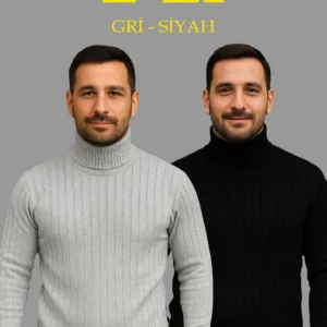 Erkek Fitilli Triko Kazak 2'li Set Gri Siyah Regular Balıkcı Yaka Tam Boğazlı Triko Seti Modeli Kazak