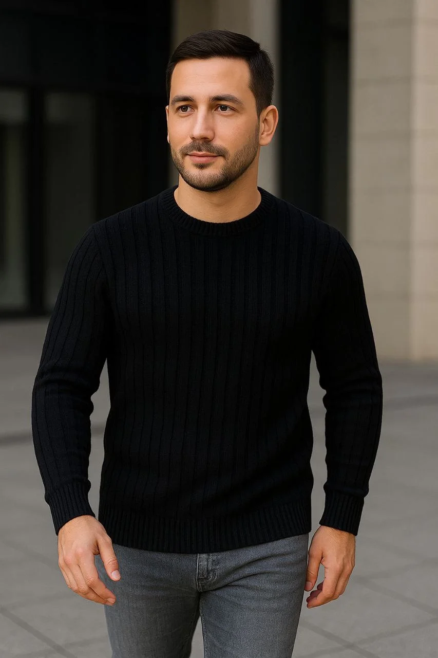 Erkek Fitilli Triko Kazak 2’li Set Siyah Gri Kalın Dokuma Pamuklu Regular Fit Bisiklet - Görsel 7