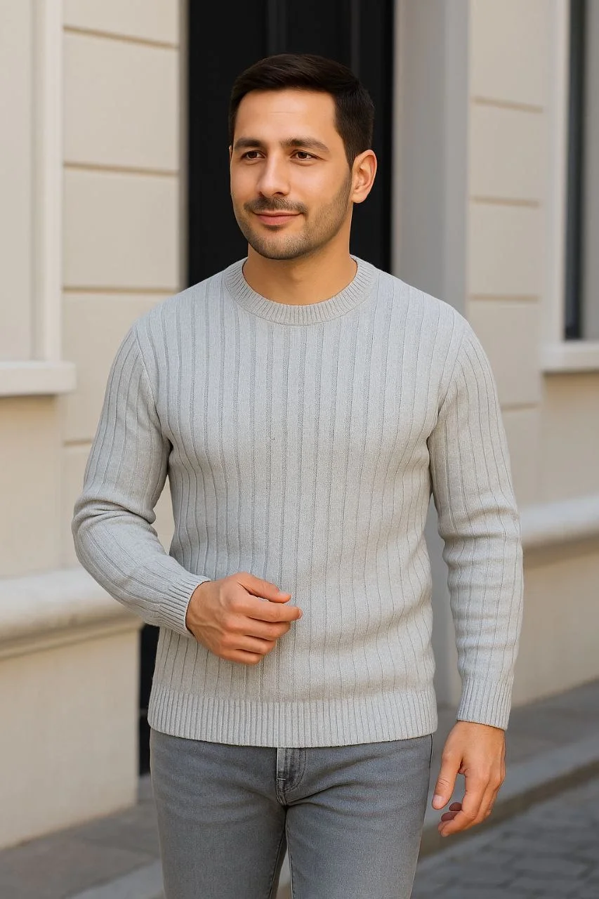 Erkek Fitilli Triko Kazak 2’li Set Siyah Gri Kalın Dokuma Pamuklu Regular Fit Bisiklet - Görsel 4