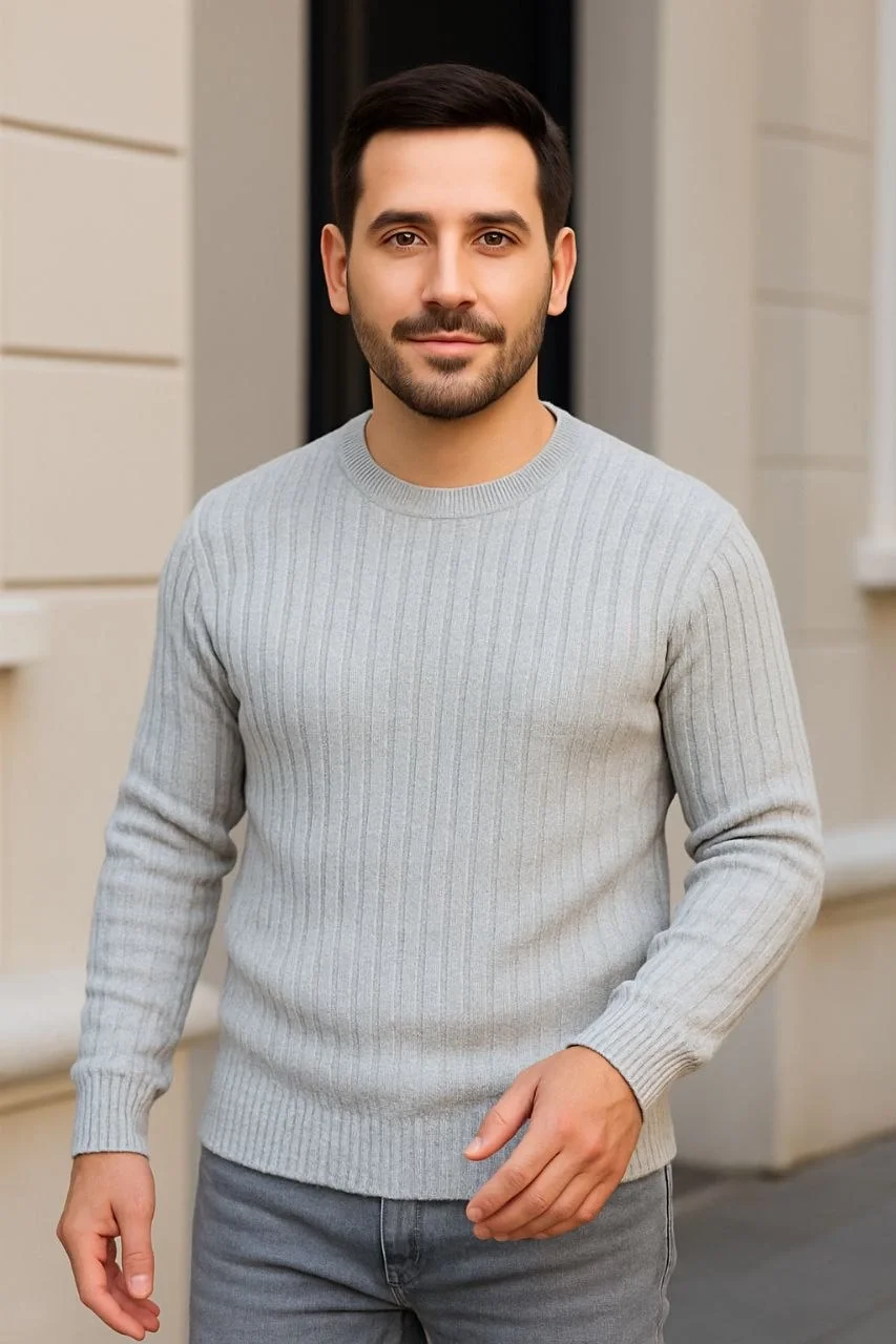 Erkek Fitilli Triko Kazak 2’li Set Siyah Gri Kalın Dokuma Pamuklu Regular Fit Bisiklet - Görsel 6