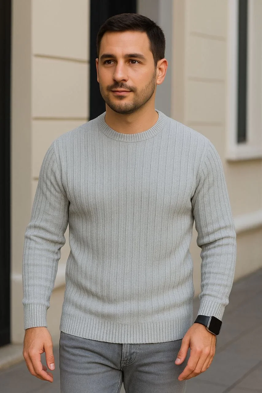 Erkek Fitilli Triko Kazak 2’li Set Siyah Gri Kalın Dokuma Pamuklu Regular Fit Bisiklet - Görsel 3