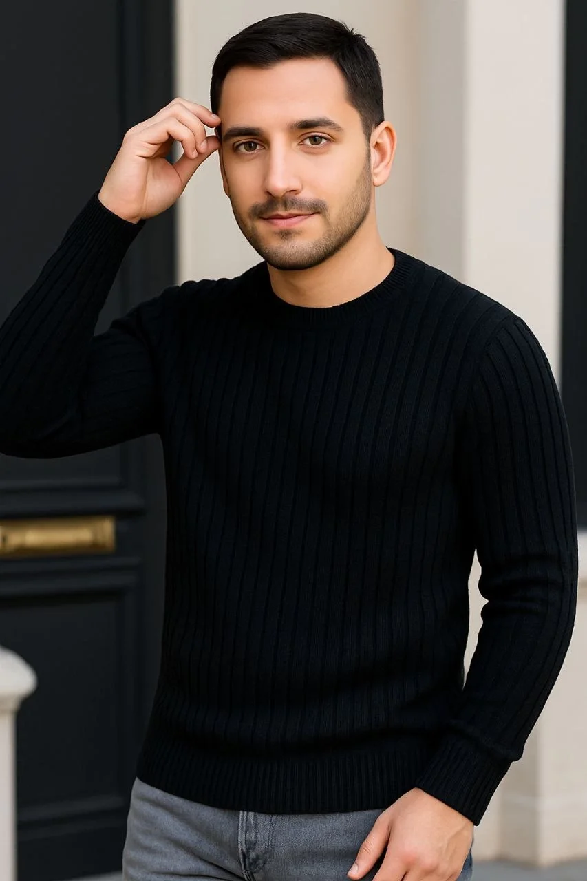 Erkek Fitilli Triko Kazak 2’li Set Siyah Gri Kalın Dokuma Pamuklu Regular Fit Bisiklet - Görsel 2