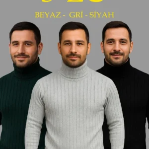 Erkek Fitilli Triko Kazak 3'lÜ Set Gri Haki Siyah Regular Balıkcı Yaka Tam Boğazlı Triko Seti Modeli Kazak