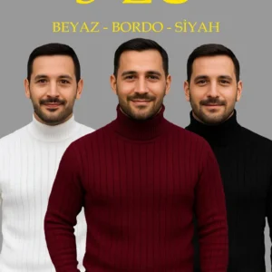 Erkek Fitilli Triko Kazak 3'lÜ Set Beyaz Bordo Siyah Regular Balıkcı Yaka Tam Boğazlı Triko Seti Modeli Kazak