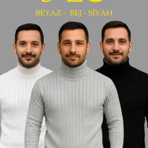 Erkek Fitilli Triko Kazak 3'lÜ Set Beyaz Gri Siyah Regular Balıkcı Yaka Tam Boğazlı Triko Seti Modeli Kazak