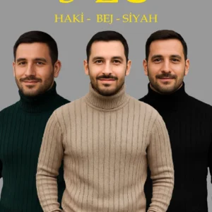 Erkek Fitilli Triko Kazak 3'lÜ Set Bej Haki Siyah Regular Balıkcı Yaka Tam Boğazlı Triko Seti Modeli Kazak