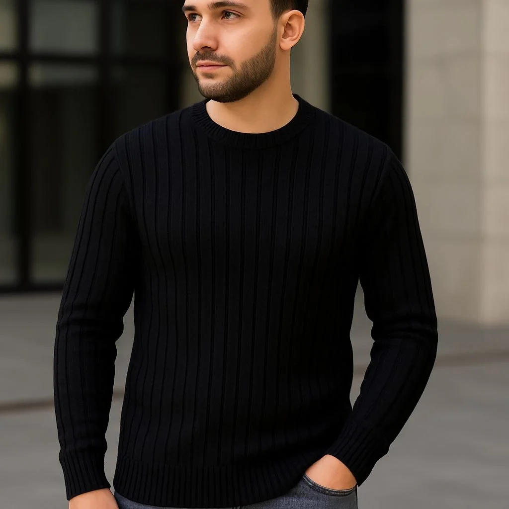 Erkek Fitilli Triko Kazak 3'lü Set Beyaz Gri Siyah Regular Fit Bisiklet Yaka Triko Seti - Görsel 5