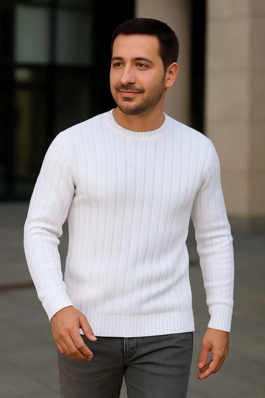 Erkek Fitilli Triko Kazak 3'lü Set Beyaz Gri Siyah Regular Fit Bisiklet Yaka Triko Seti - Görsel 3