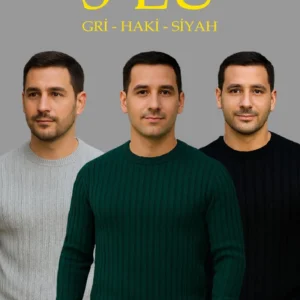 Erkek Fitilli Triko Kazak 3'lü Set Gri Haki Siyah Regular Fit Bisiklet Yaka Triko Seti Modeli Kazak