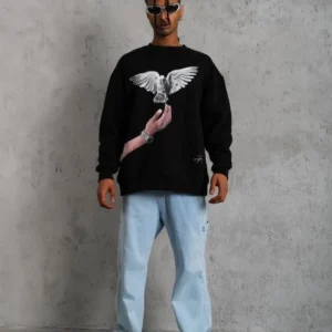 Alternative view of Erkek Güvercin Baskılı Sweatshirt - Siyah