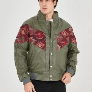 Erkek İçi Astarlı İçten Yaka Kısmı Peluşlu Suni Kumaş Vintage Ceket - Haki