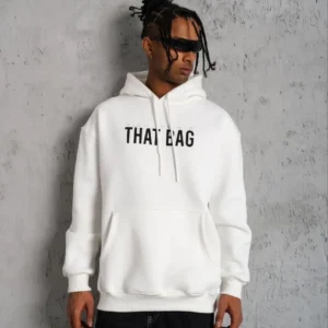 Erkek Kanguru Cep Baskılı Kapüşonlu Sweatshirt - Beyaz