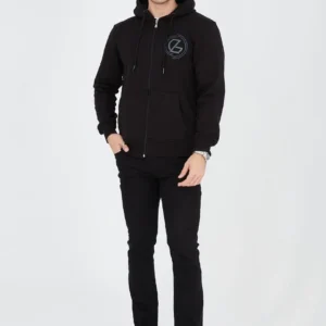 Erkek Kapüşonlu Baskılı Fermuarlı Hırka - Siyah