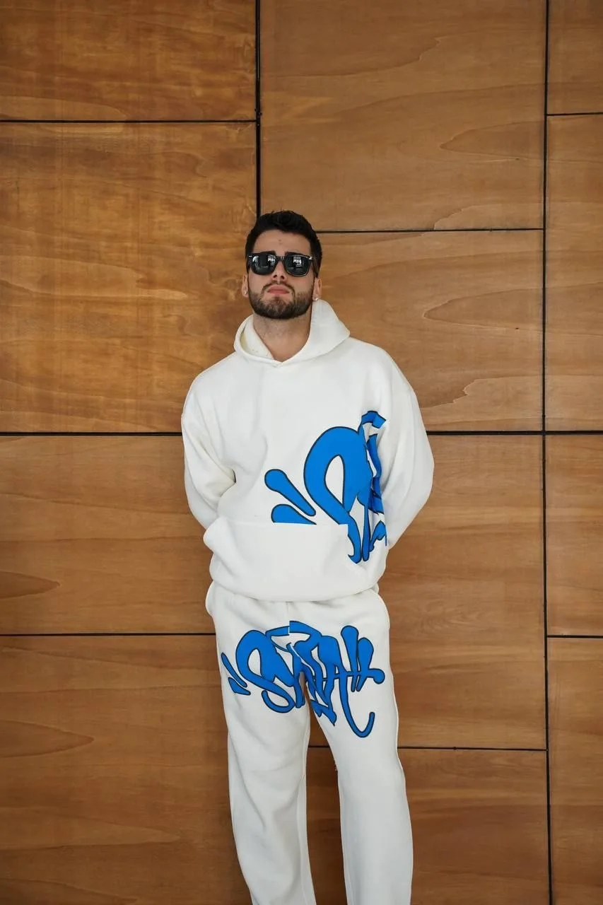 Erkek Kapüşonlu Eşofman Takım Graffiti Baskılı Oversize Rahat Kalıp, Kanguru Cepli, Streetwear Tarzında Premium Ürün 3 iplik Pamuklu - Beyaz - Görsel 7