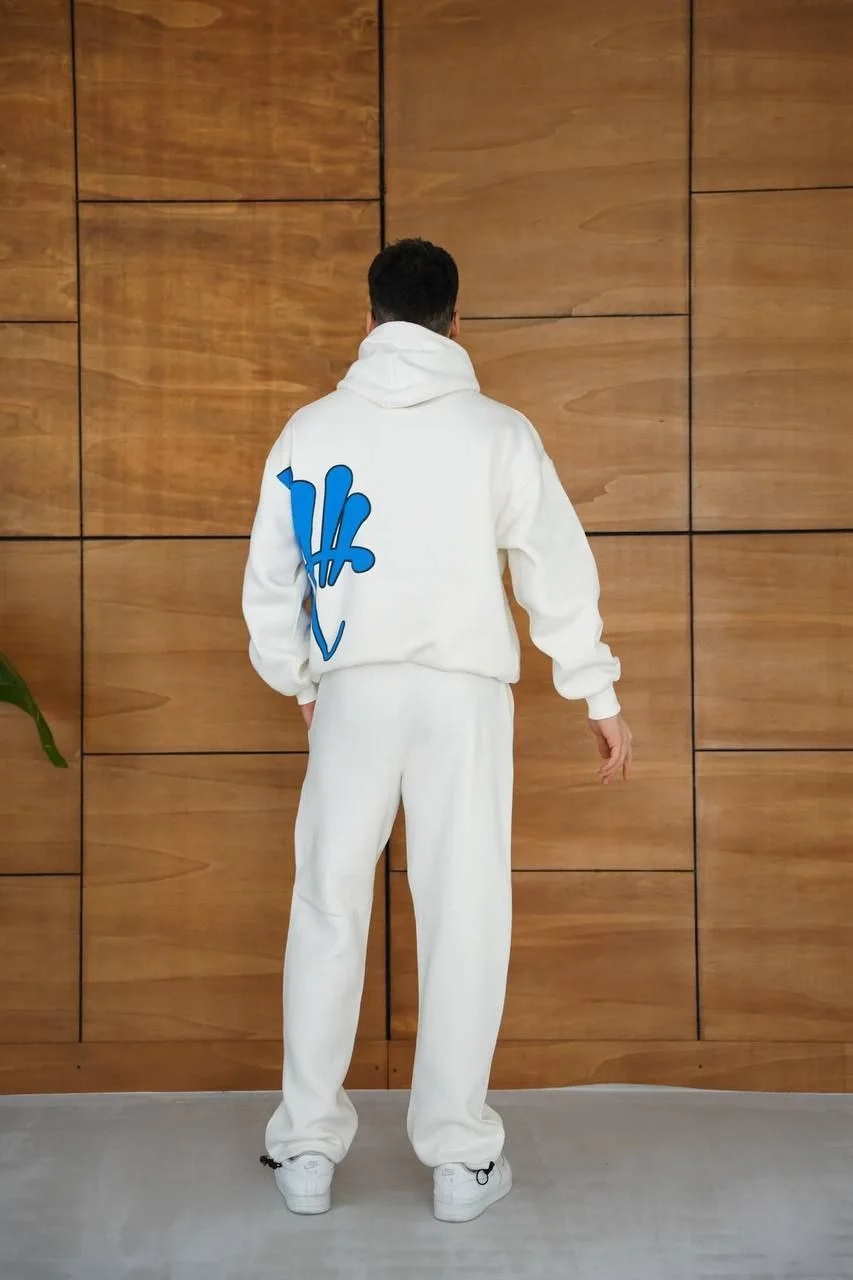 Erkek Kapüşonlu Eşofman Takım Graffiti Baskılı Oversize Rahat Kalıp, Kanguru Cepli, Streetwear Tarzında Premium Ürün 3 iplik Pamuklu - Beyaz - Görsel 4