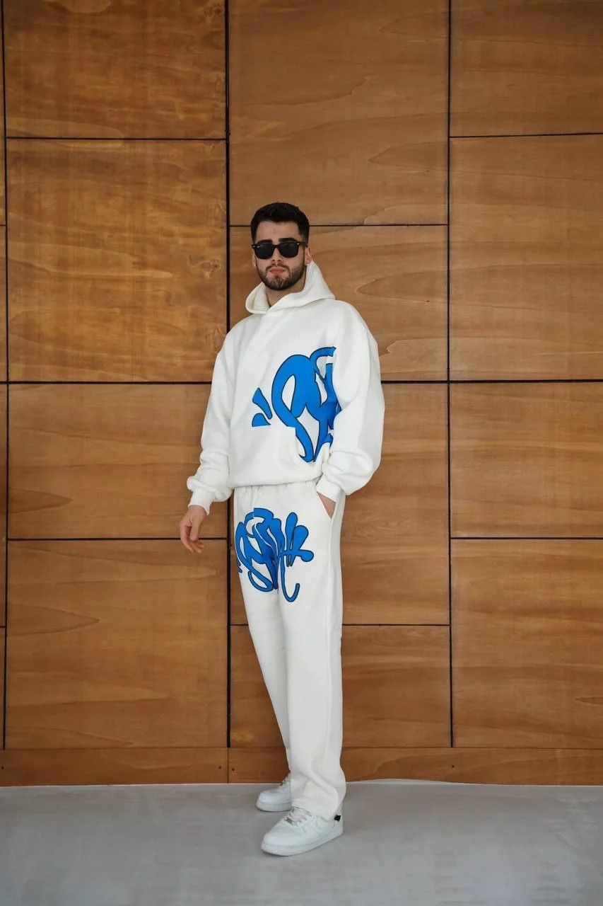 Erkek Kapüşonlu Eşofman Takım Graffiti Baskılı Oversize Rahat Kalıp, Kanguru Cepli, Streetwear Tarzında Premium Ürün 3 iplik Pamuklu - Beyaz - Görsel 6