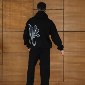 Alternative view of Erkek Kapüşonlu Eşofman Takım Graffiti Baskılı Oversize Rahat Kalıp, Kanguru Cepli, Streetwear Tarzında Premium Ürün 3 iplik Pamuklu - Siyah