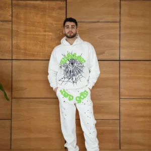 Erkek Kapüşonlu Eşofman Takım Örümcek Ağı ve Neon Yeşil Baskılı Kanguru cepli Oversize Rahat Kalıp, Premium Üç İplik Kumaş - Beyaz