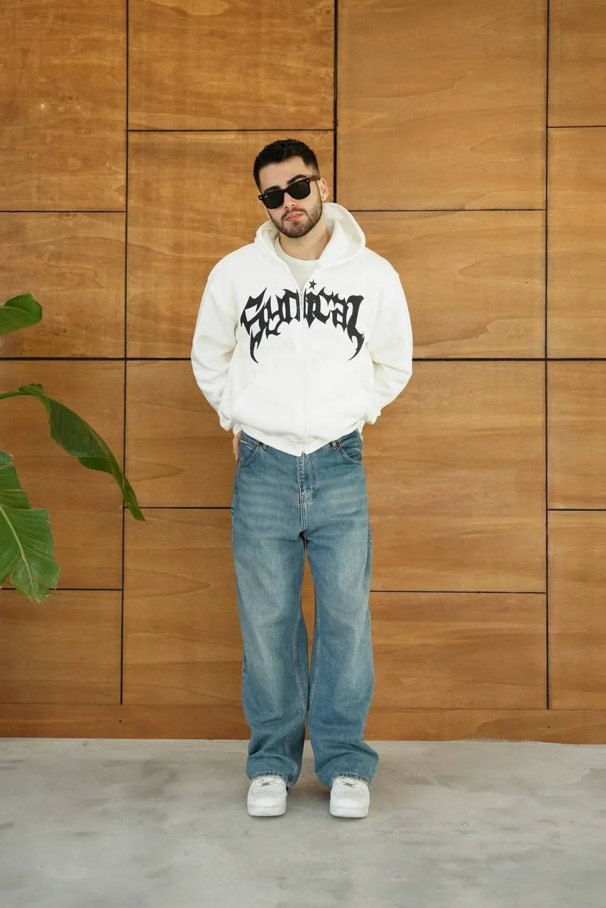 Erkek Kapüşonlu 3 İplik Şardonlu Önü Baskılı Fermuarlı Oversize Sweatshirt - Beyaz - Görsel 5