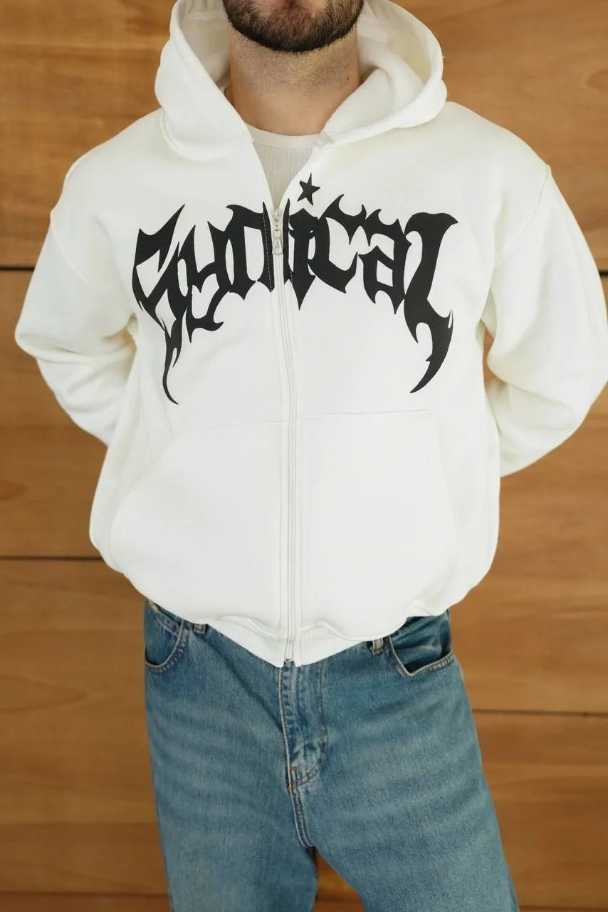 Erkek Kapüşonlu 3 İplik Şardonlu Önü Baskılı Fermuarlı Oversize Sweatshirt - Beyaz - Görsel 3