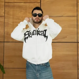 Erkek Kapüşonlu 3 İplik Şardonlu Önü Baskılı Fermuarlı Oversize Sweatshirt - Beyaz