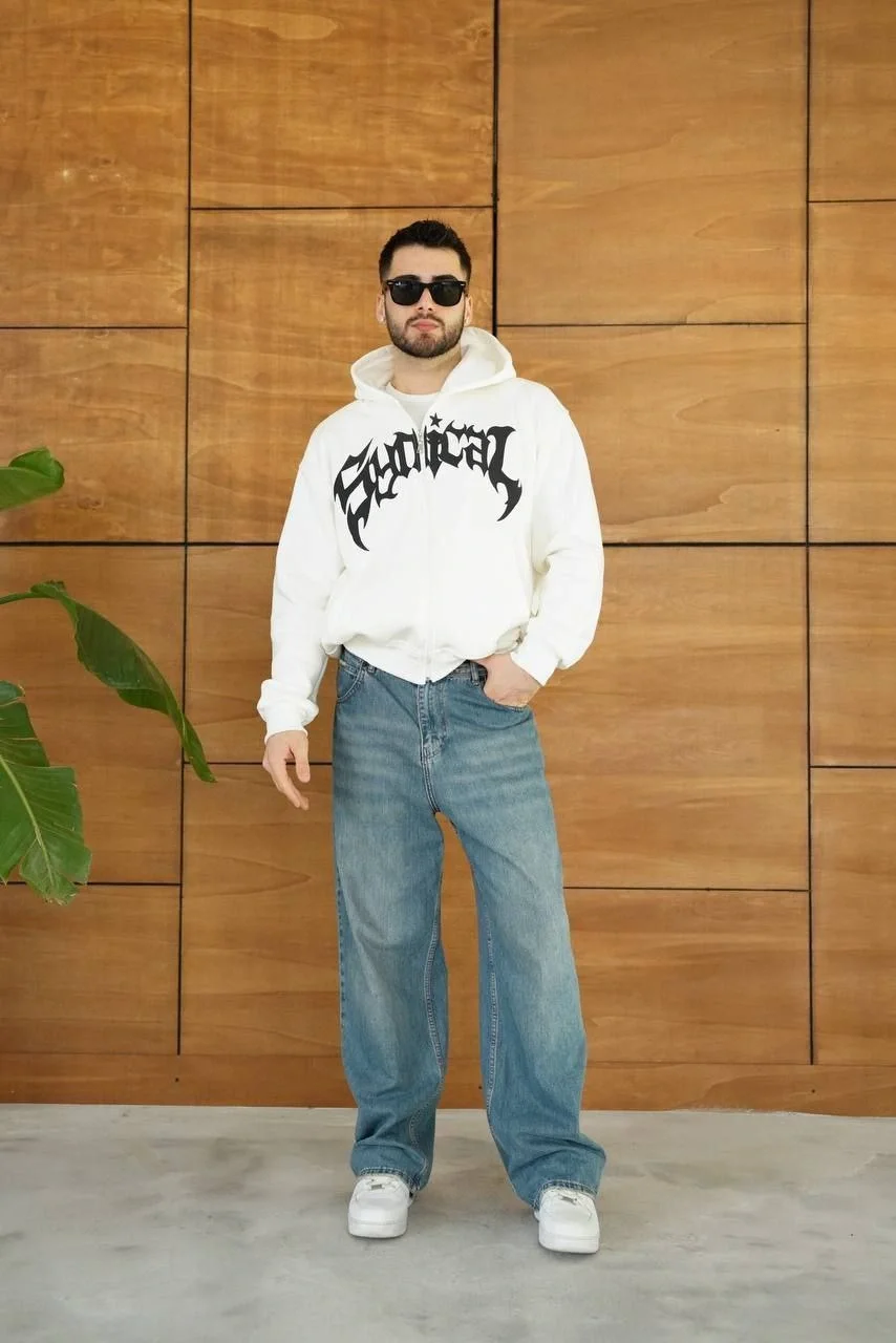 Erkek Kapüşonlu 3 İplik Şardonlu Önü Baskılı Fermuarlı Oversize Sweatshirt - Beyaz - Görsel 4