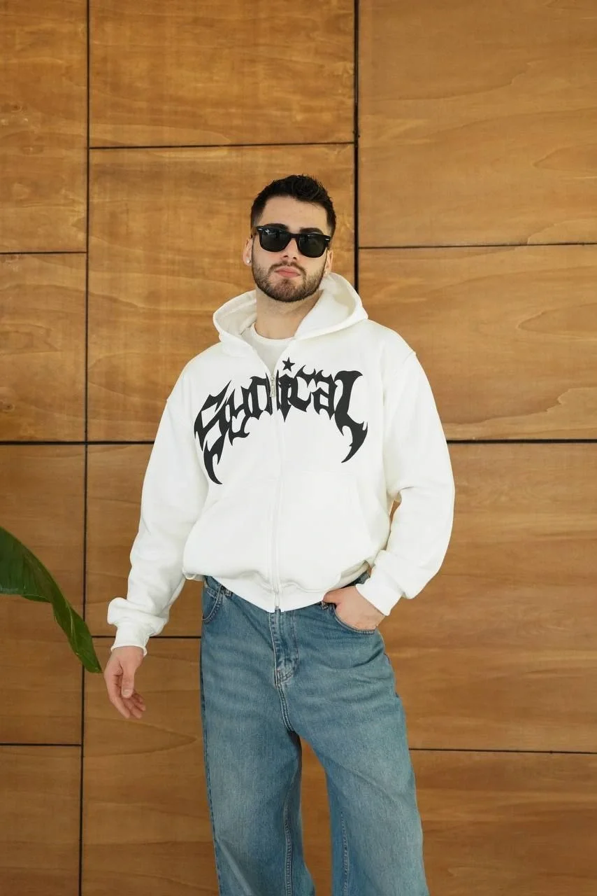 Erkek Kapüşonlu 3 İplik Şardonlu Önü Baskılı Fermuarlı Oversize Sweatshirt - Beyaz - Görsel 6