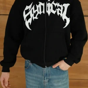 Alternative view of Erkek Kapüşonlu 3 İplik Şardonlu Önü Baskılı Fermuarlı Oversize Sweatshirt - Siyah