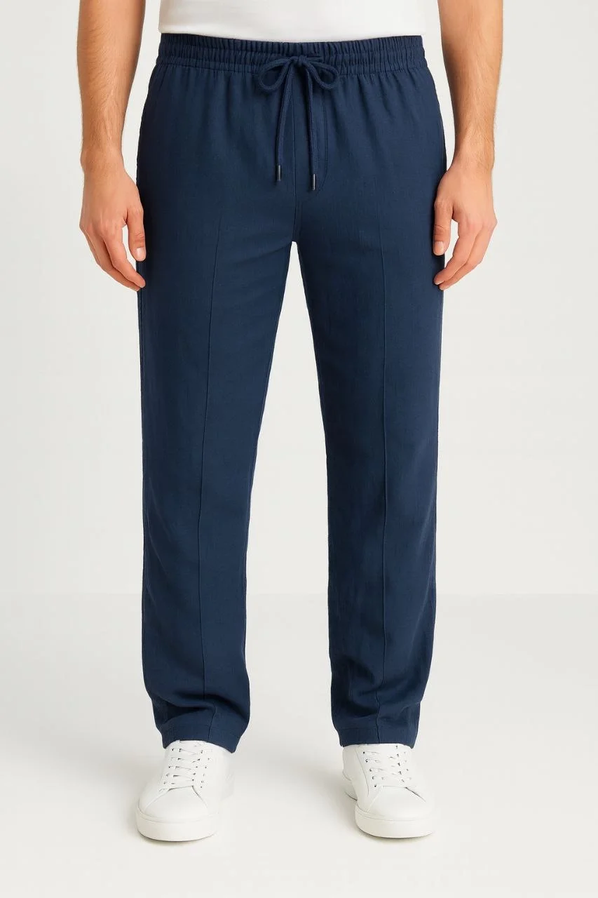 Erkek Keten Pantolon – Cepli, Beli Lastikli ve Bağcıklı, Nefes Alan Rahat Kalıp, Yazlık ve Baharlık Günlük Giyim, Şık & Konforlu Boru Paça Model - Lacivert - Görsel 3