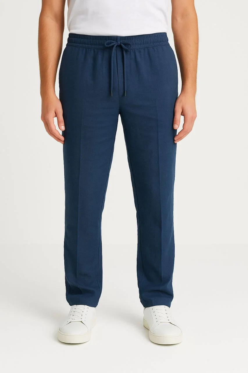 Erkek Keten Pantolon – Cepli, Beli Lastikli ve Bağcıklı, Nefes Alan Rahat Kalıp, Yazlık ve Baharlık Günlük Giyim, Şık & Konforlu Boru Paça Model - Lacivert - Görsel 4