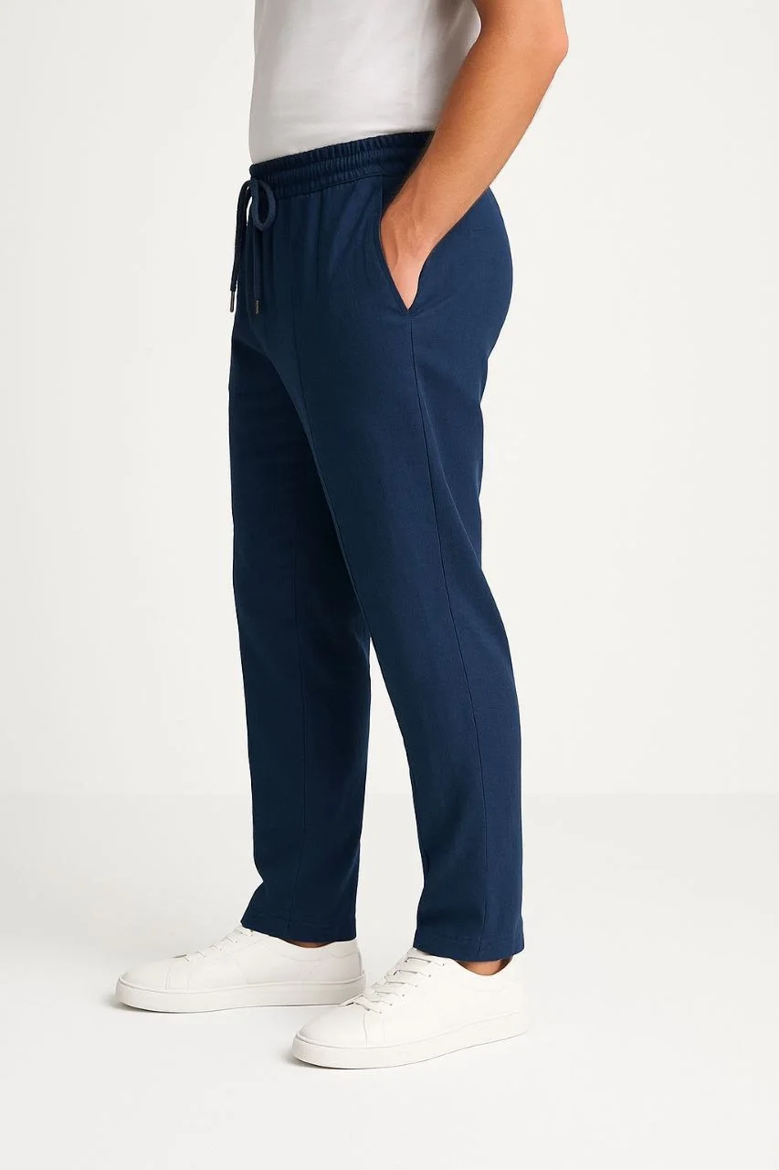 Erkek Keten Pantolon – Cepli, Beli Lastikli ve Bağcıklı, Nefes Alan Rahat Kalıp, Yazlık ve Baharlık Günlük Giyim, Şık & Konforlu Boru Paça Model - Lacivert - Görsel 2