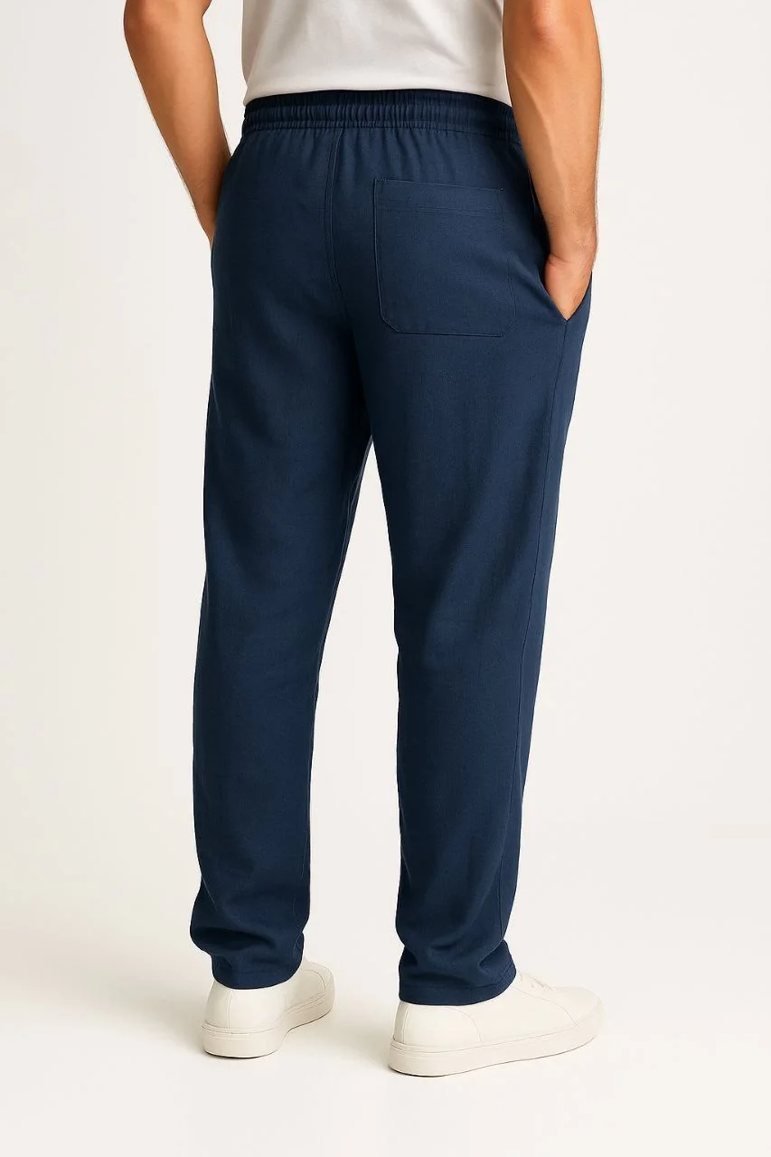 Erkek Keten Pantolon – Cepli, Beli Lastikli ve Bağcıklı, Nefes Alan Rahat Kalıp, Yazlık ve Baharlık Günlük Giyim, Şık & Konforlu Boru Paça Model - Lacivert - Görsel 5