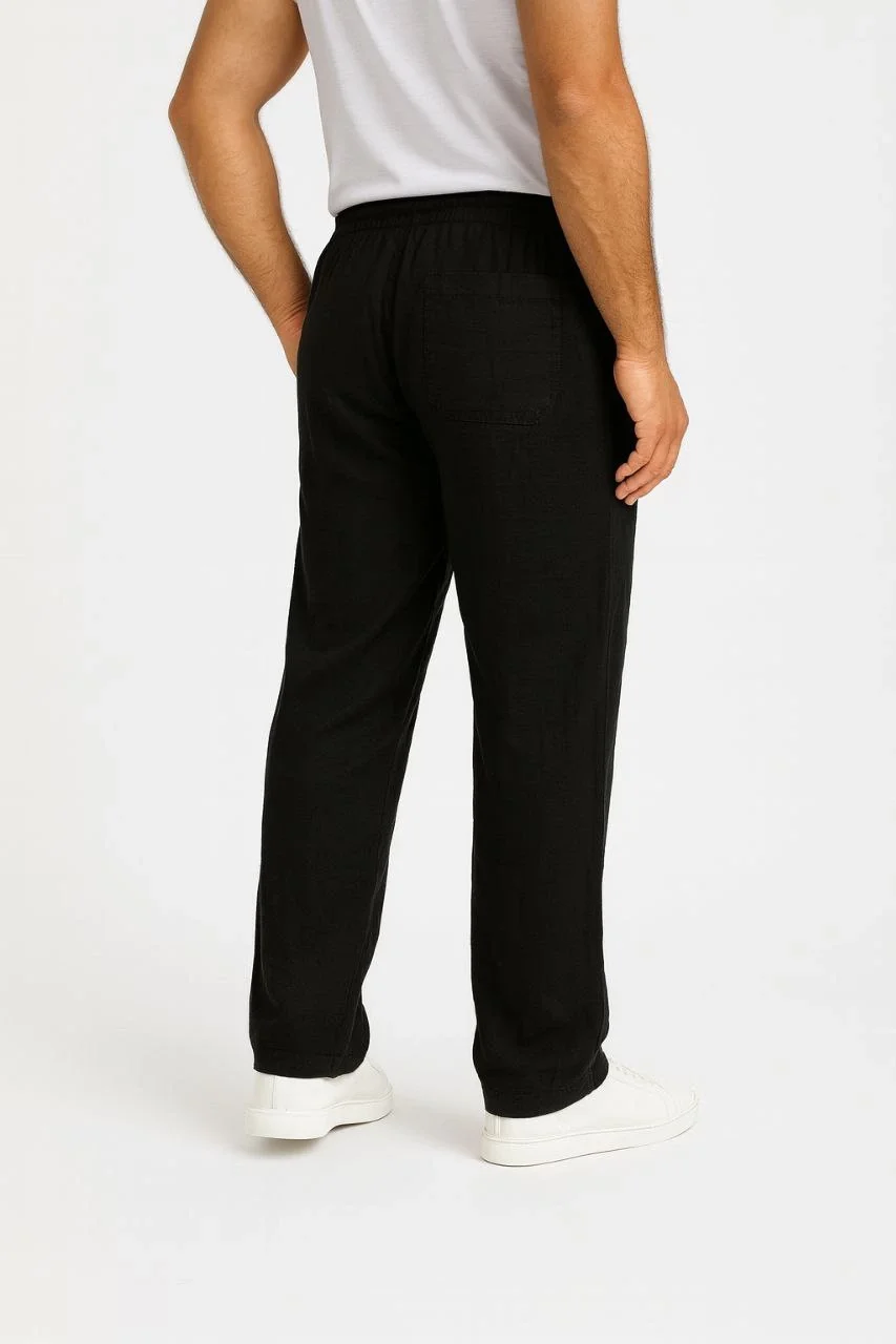 Erkek Keten Pantolon – Cepli, Beli Lastikli ve Bağcıklı, Nefes Alan Rahat Kalıp, Yazlık ve Baharlık Günlük Giyim, Şık & Konforlu Boru Paça Model - Siyah - Görsel 4