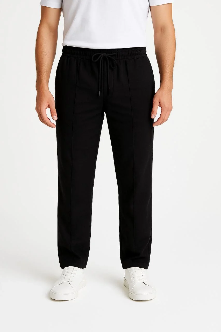 Erkek Keten Pantolon – Cepli, Beli Lastikli ve Bağcıklı, Nefes Alan Rahat Kalıp, Yazlık ve Baharlık Günlük Giyim, Şık & Konforlu Boru Paça Model - Siyah - Görsel 6