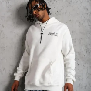 Alternative view of Erkek Oversize Üç İplik Kapüşonlu Sweat – Kol ve Etek Ribana Detaylı, Ön ve Sırt Baskılı, Kanguru Cepli Rahat Kalıp Model - Beyaz