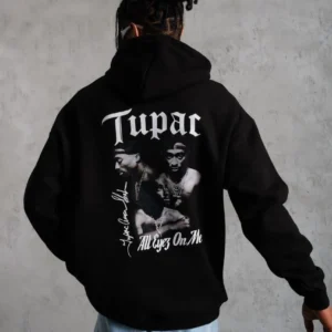 Alternative view of Erkek Oversize Üç İplik Kapüşonlu Sweat – Siyah Kol ve Etek Ribana Detaylı, Ön ve Sırt Baskılı, Kanguru Cepli Rahat Kalıp Model