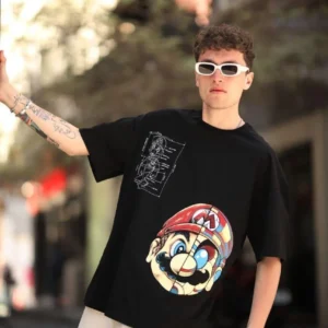 Alternative view of Erkek Mario Baskılı Oversize T-Shirt - Siyah