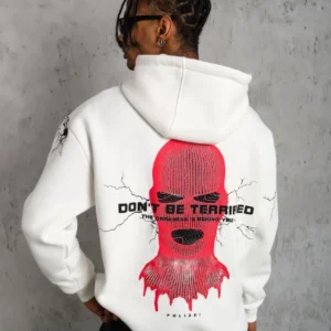 Erkek Oversize Üç İplik Kapüşonlu Sweatshirt – “Don’t Be Terrified” Ön, Sırt ve Kol Baskılı, Kanguru Cepli, Ribanalı Rahat Model - Beyaz