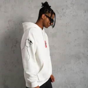 Alternative view of Erkek Oversize Üç İplik Kapüşonlu Sweatshirt – “Don’t Be Terrified” Ön, Sırt ve Kol Baskılı, Kanguru Cepli, Ribanalı Rahat Model - Beyaz