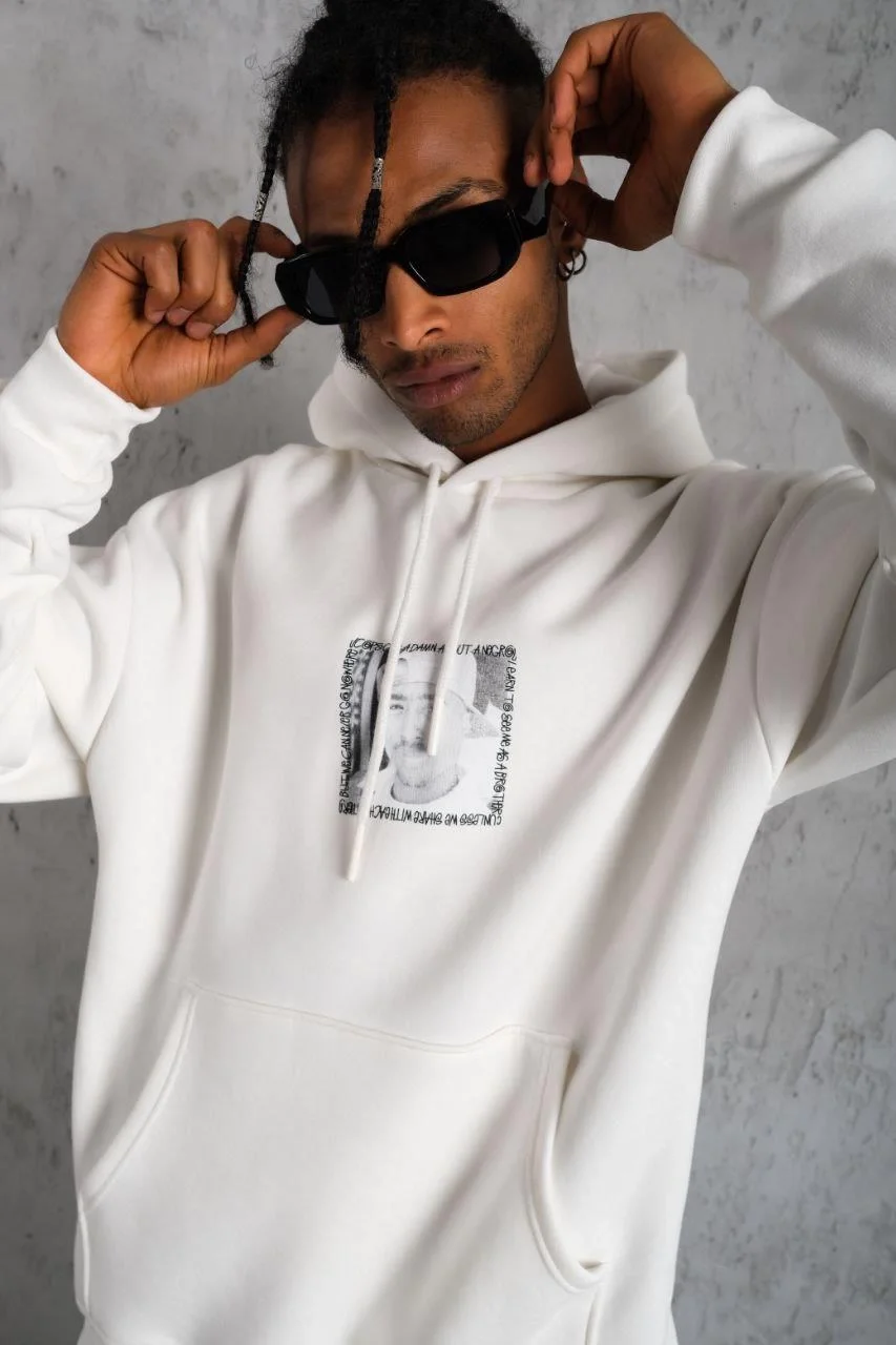 Erkek Ön Arka Baskılı Kapşonlu Sweat - Beyaz - Görsel 2